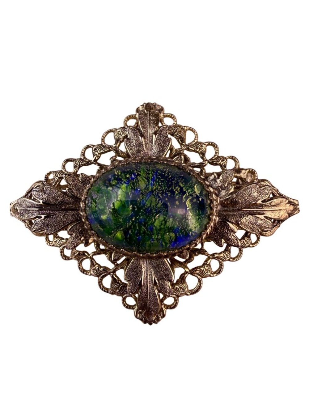 Vintage Unknown Gold-Tone Womens Oval Brooch Dragons Breath Glass Cabochon